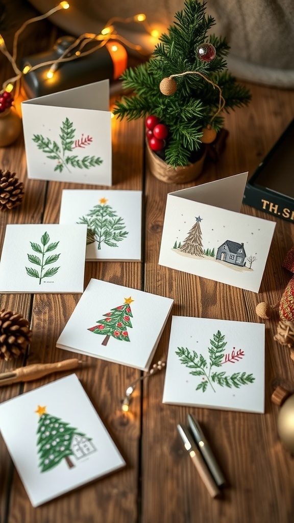 Nature-themed Christmas cards with pinecones and leaves on a wooden table.